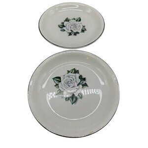Debutante White Rose Pattern Salad Plates Pair Silver Trim Vintage 6" READ